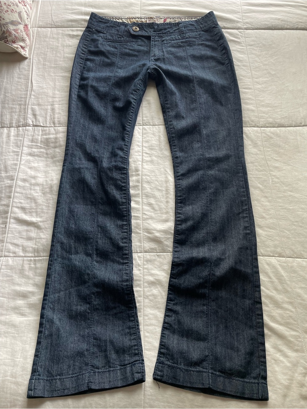 Y2K Low Rise Dark Blue Chambray Trouser Flare Pants 6 2000s Bratz Chic Going Out